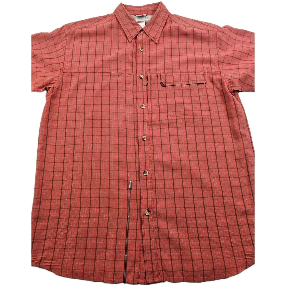 The North Face Men's M Red Mini Windowpane Plaid Vented Button Up Hiking Fishing